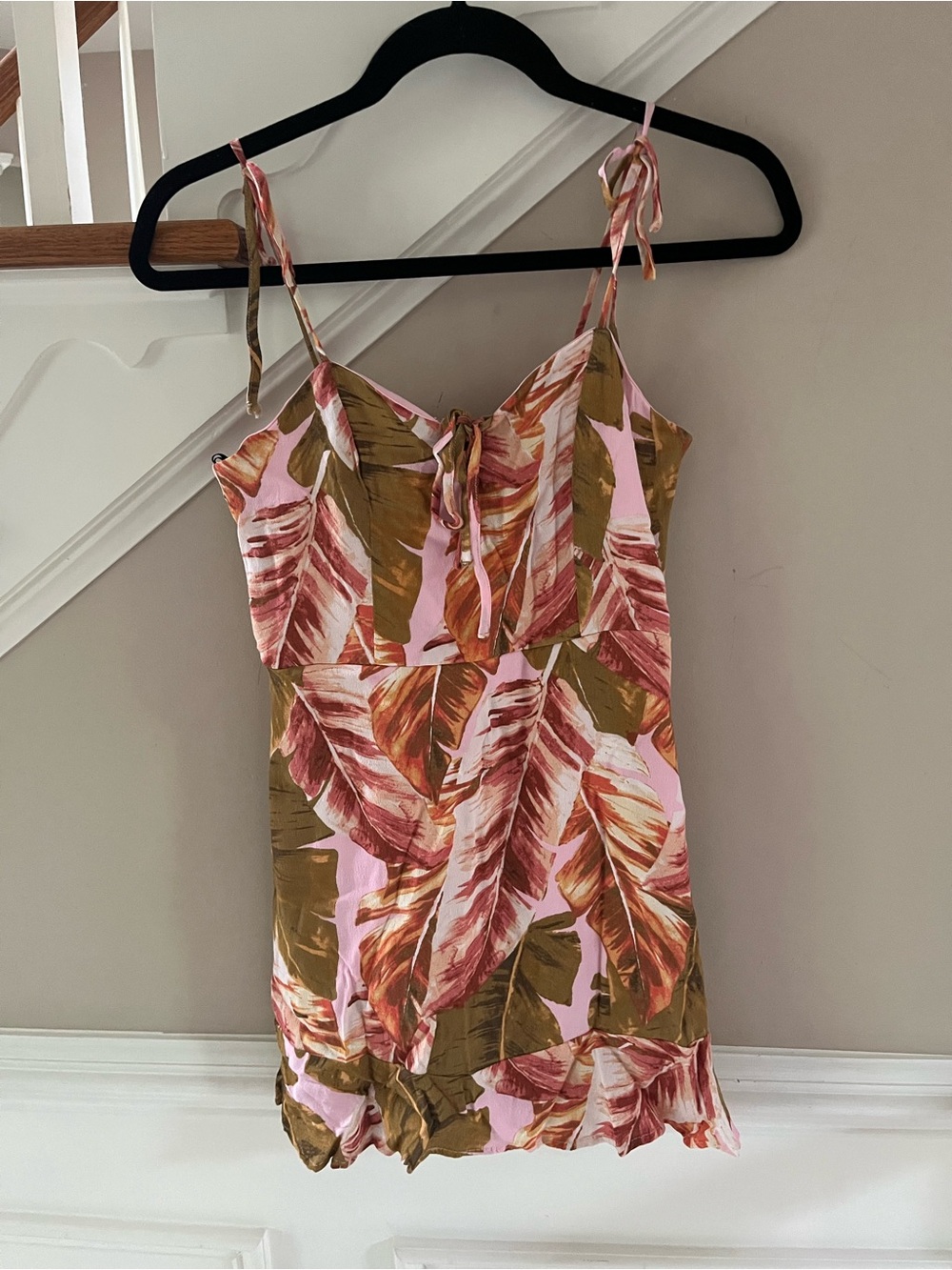 Forever 21 Pink and Olive Tropical Leaf Tie-Shoulder Cami